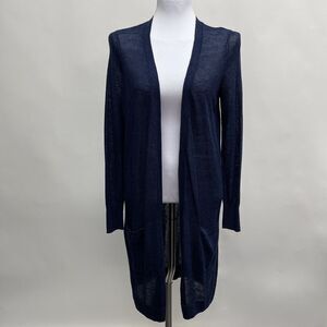 Halogen Long Duster Cardigan Sweater Small Navy Blue Linen Blend Long Sleeve